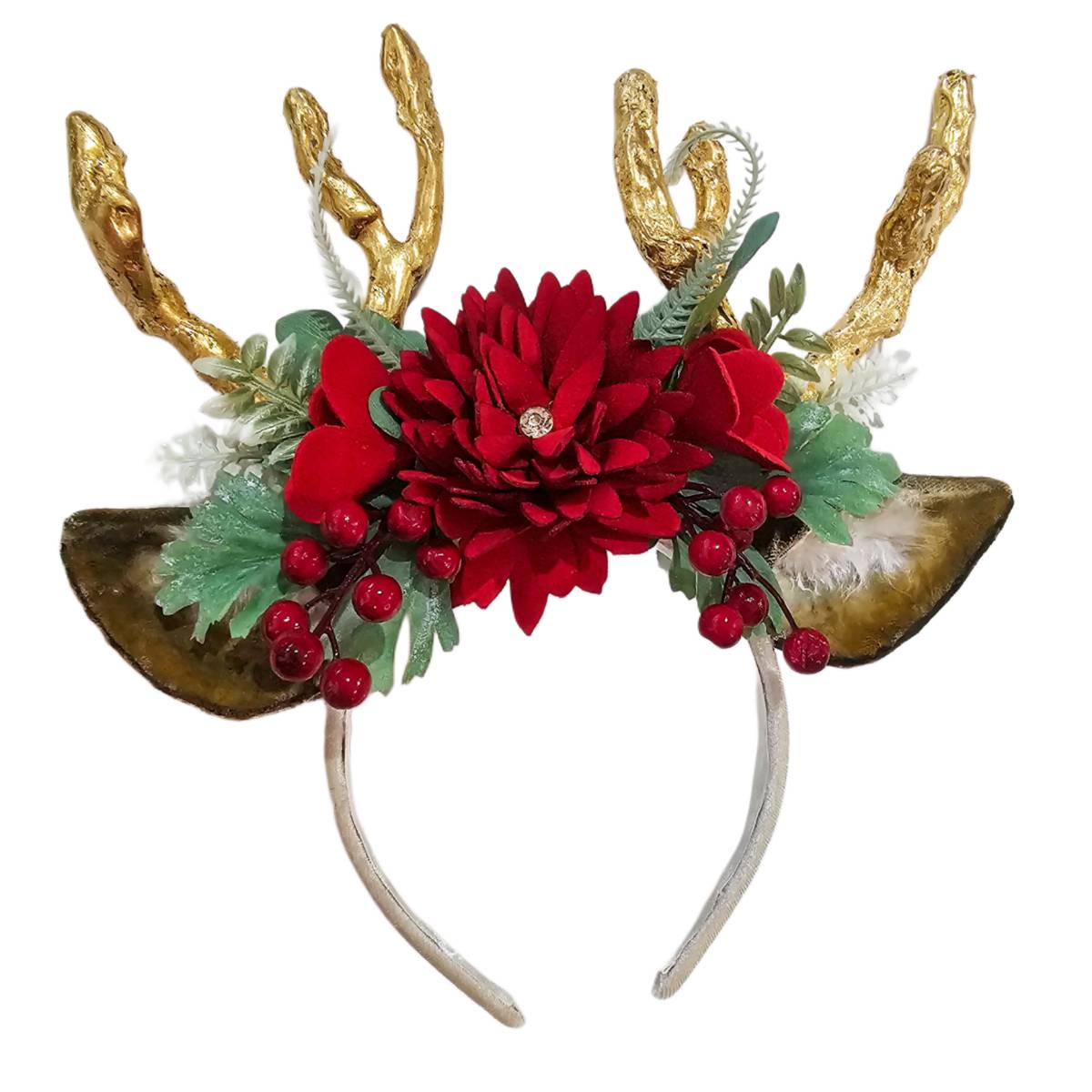Diadema Reno Cuernos Orejas Flores Disfraz Navidad